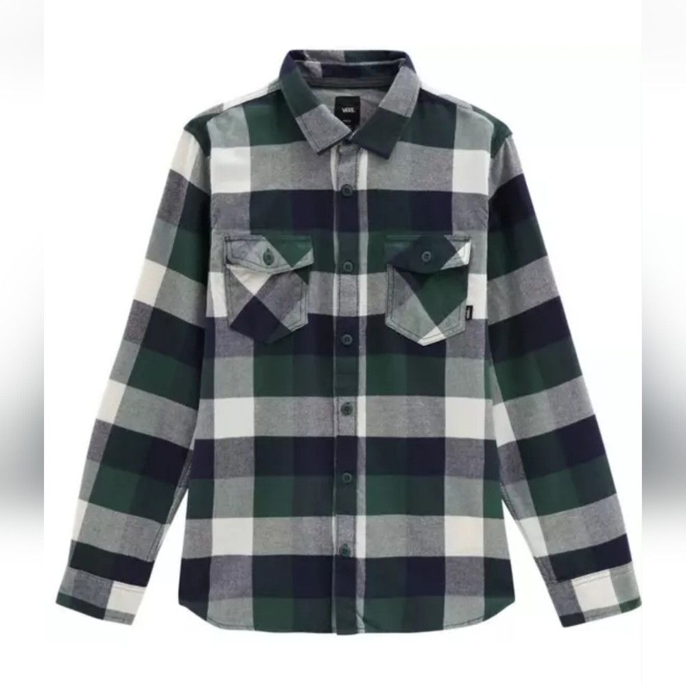 VANS Men's Box Tailored Fit Flannel Plaid Long Sleeve Shirt Cotton Green small